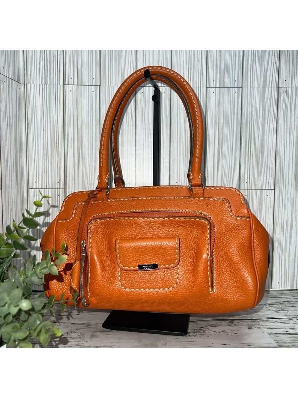 Tod’s Leather Satchel Bag Orange Pebbled Leather Top Handle Tote Italy